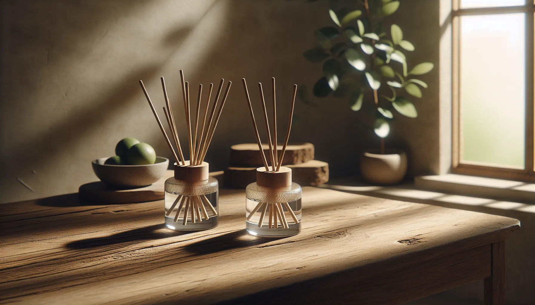 Diffusori a bastoncino in un ambiente naturale e accogliente, con legno e fragranze