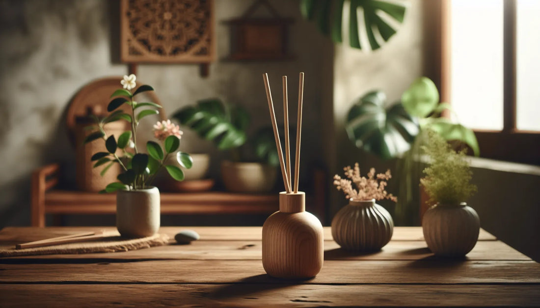 Diffusore a bastoncino in legno naturale su un tavolo con piante verdi sullo sfondo, creando un'atmosfera calda e accogliente