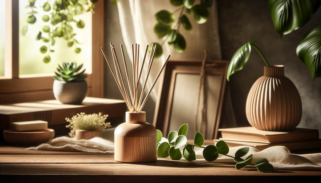 Scena di un diffusore a bastoncino naturale su un tavolo in legno con piante verdi sullo sfondo, luce morbida e atmosfera accogliente.