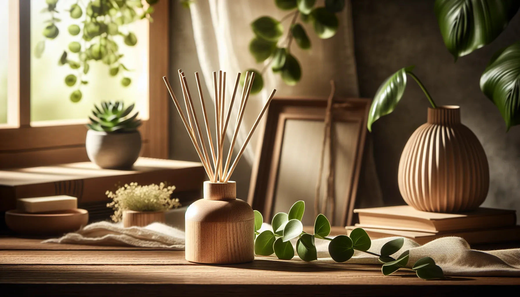Scena di un diffusore a bastoncino naturale su un tavolo in legno con piante verdi sullo sfondo, luce morbida e atmosfera accogliente.