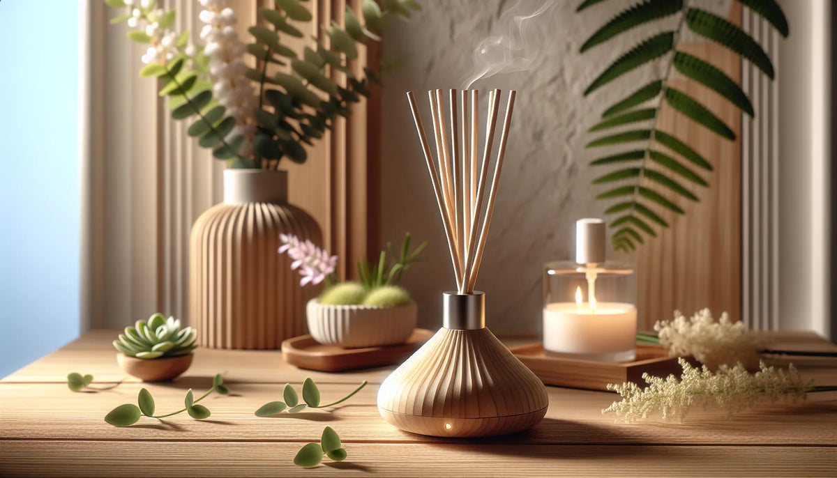 Scena di un diffusore a bastoncino in un ambiente naturale e accogliente, con superfici in legno e luce morbida.