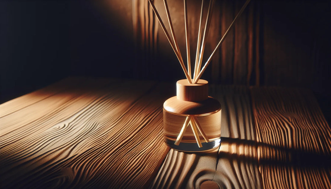 Diffusori a bastoncino eleganti su un tavolo in legno naturale, con luce morbida che mette in risalto le texture del legno e delle fragranze.