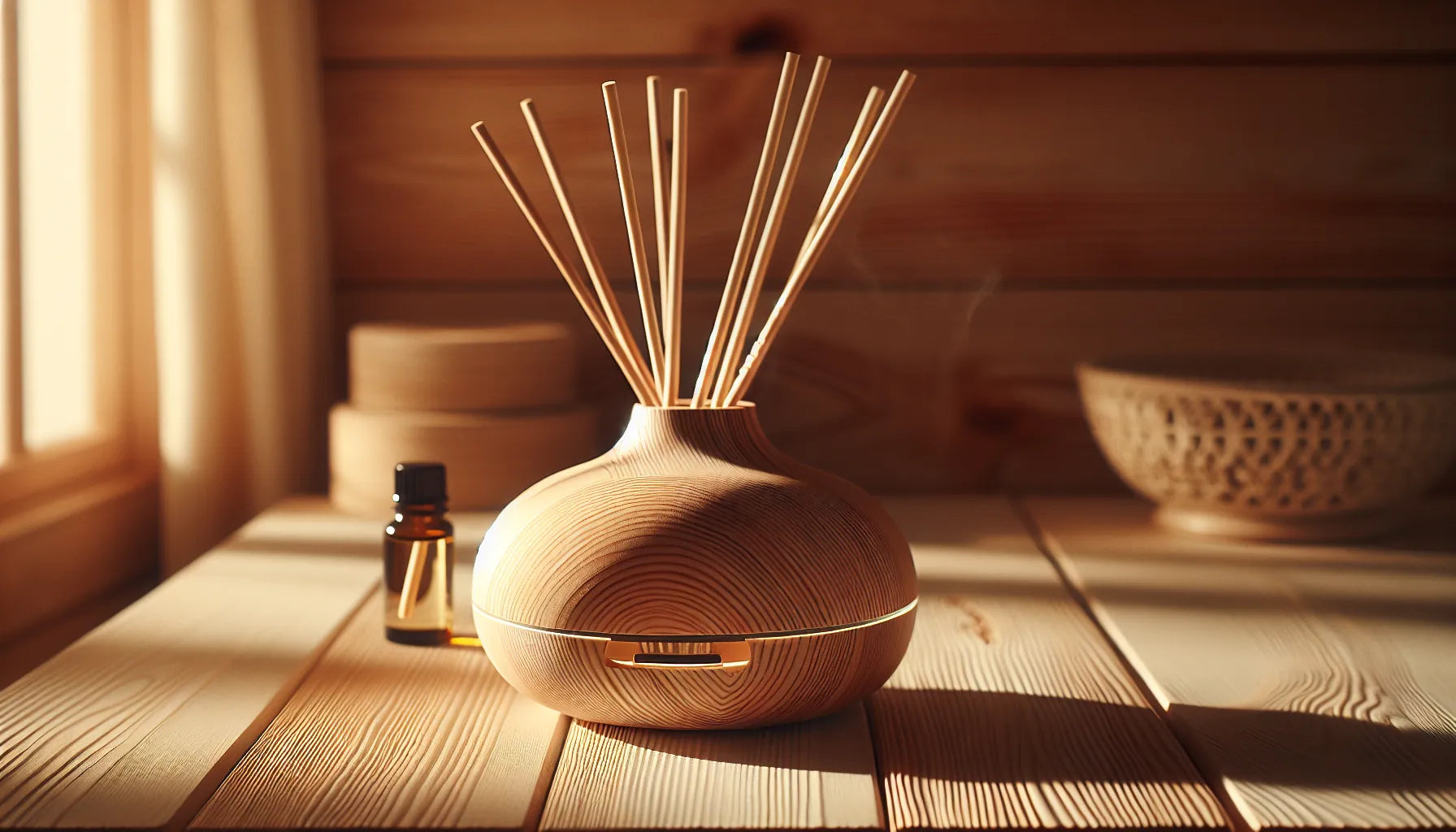 Diffusore naturale in legno con bastoncini e oli essenziali su una superficie di legno chiaro, in un ambiente accogliente e luminoso.