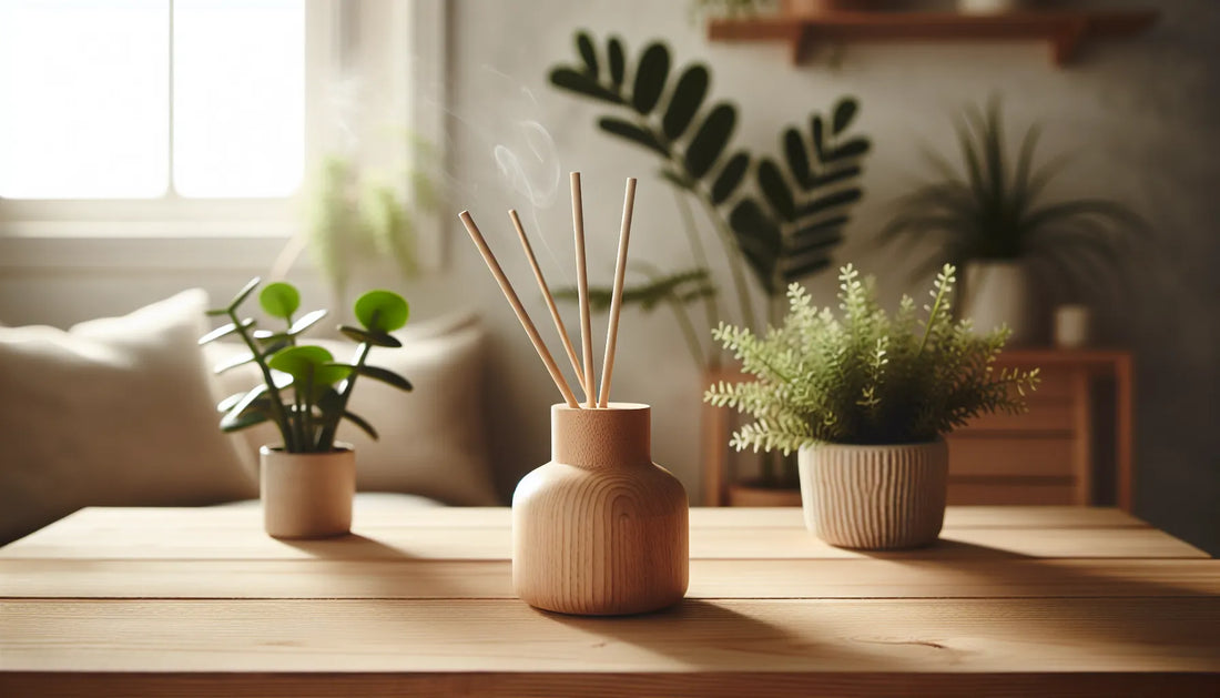 Scena di un diffusore naturale in legno su un tavolo con piante verdi, luce morbida che illumina l'ambiente