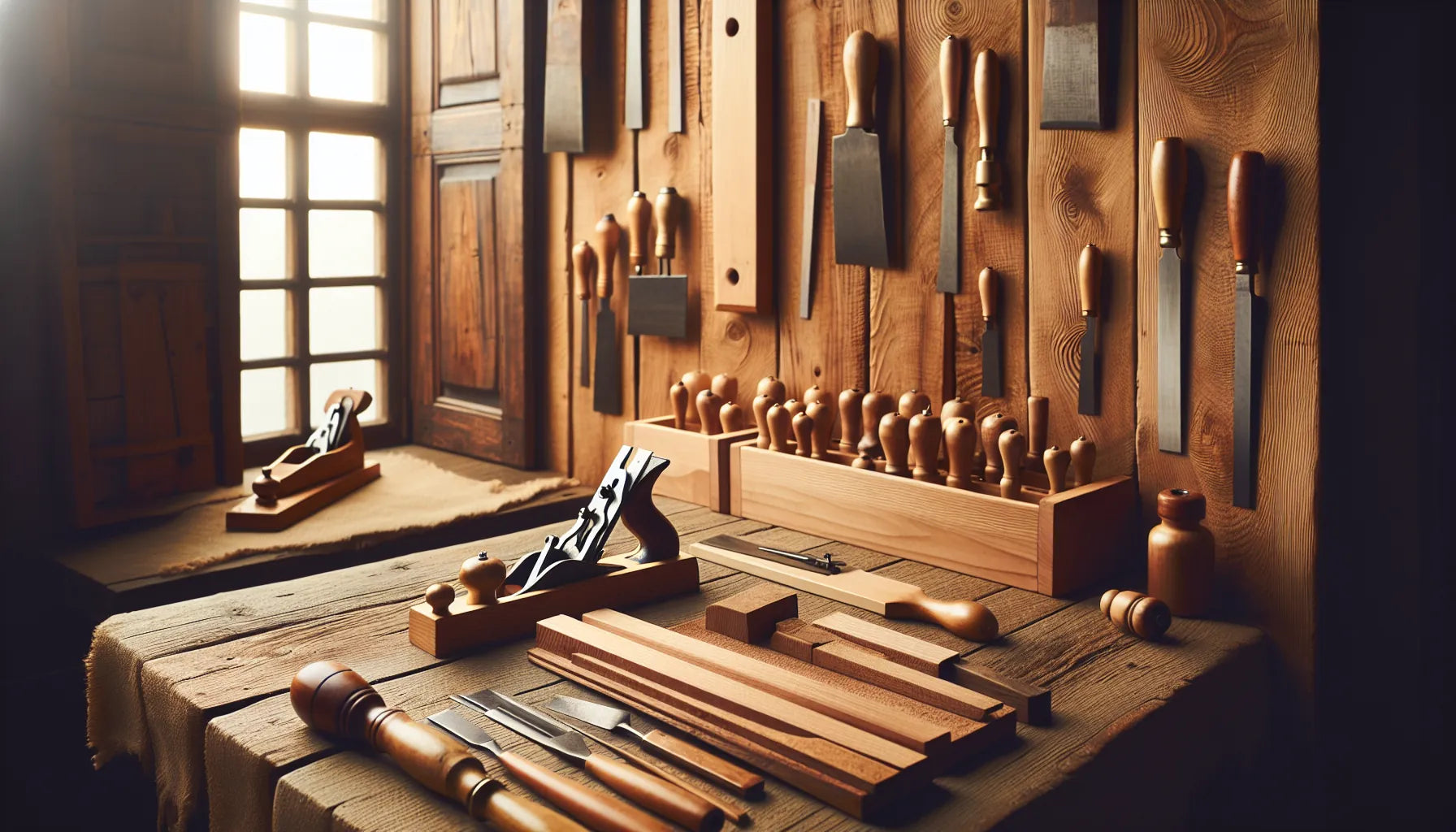 Scena di ebanisteria storica con strumenti artigianali e legno naturale