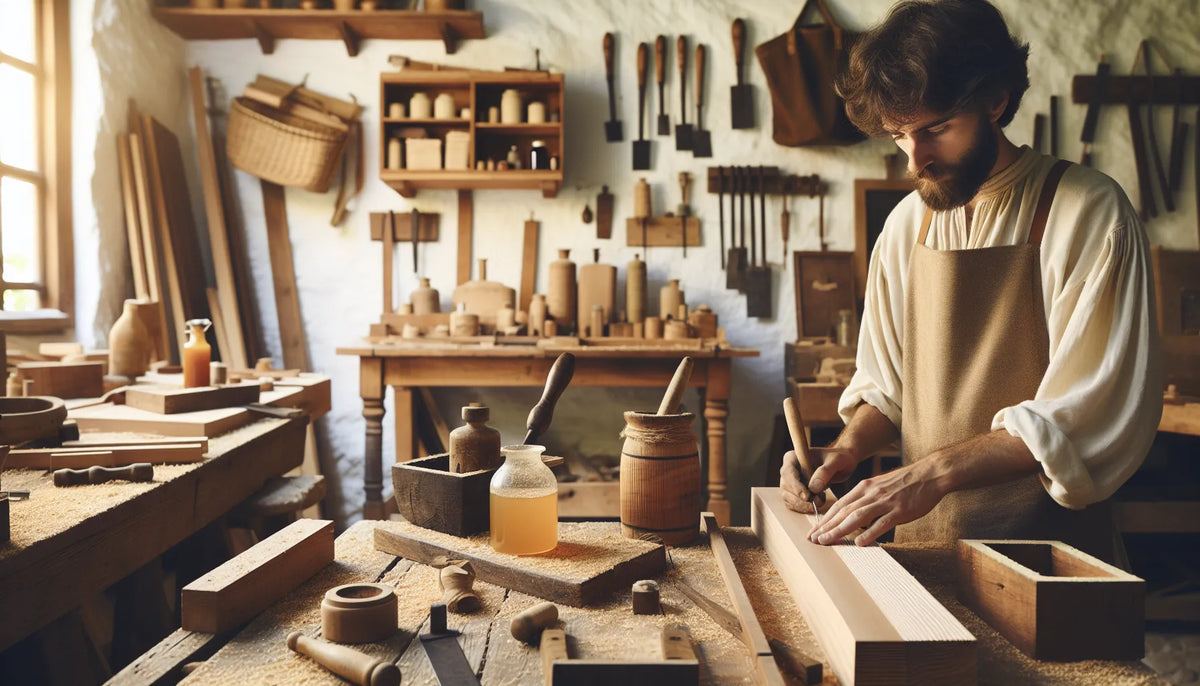 Scena di ebanisteria storica con legno e materiali naturali per il restauro