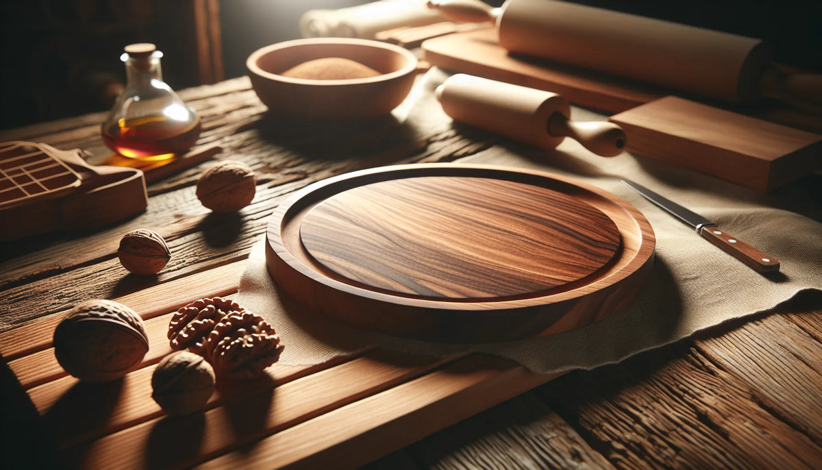 Superficie di legno di noce con effetto sunburst creato con oli e cere naturali, evidenziando venature e texture