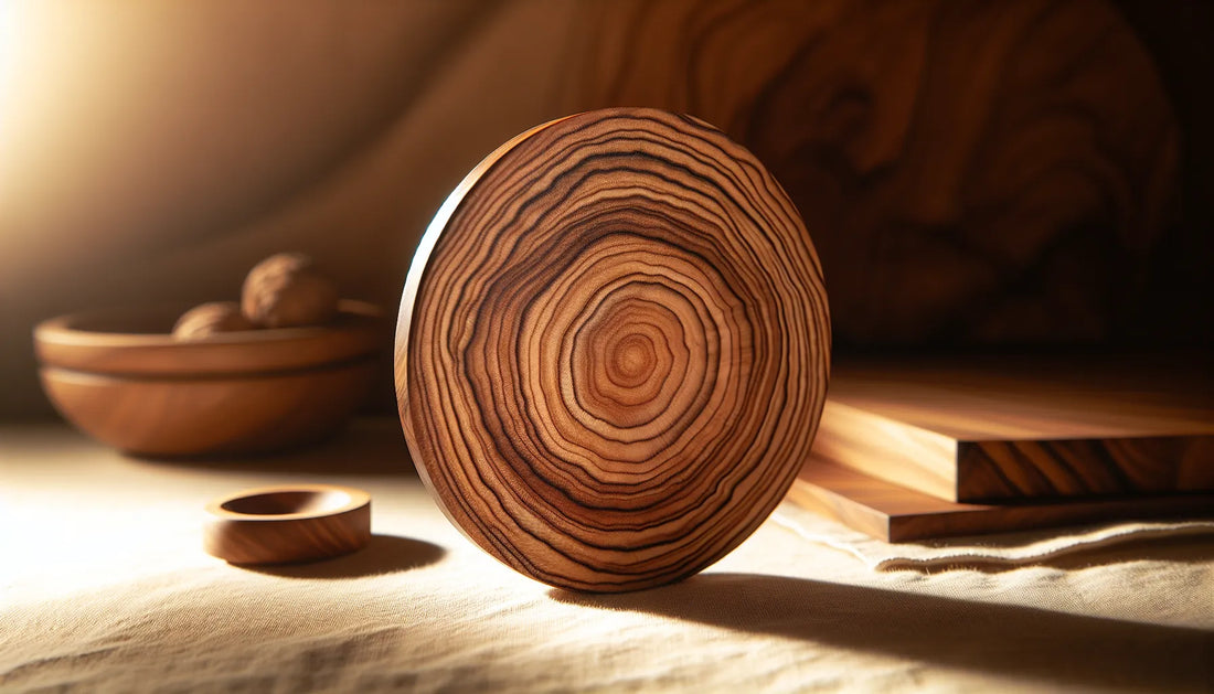 Scena di legno di noce con effetto sunburst creato da oli naturali, evidenziando venature e texture