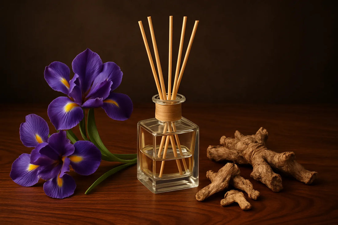 Scena di un ambiente elegante con diffusori e elementi naturali che evocano l'orris e l'iris