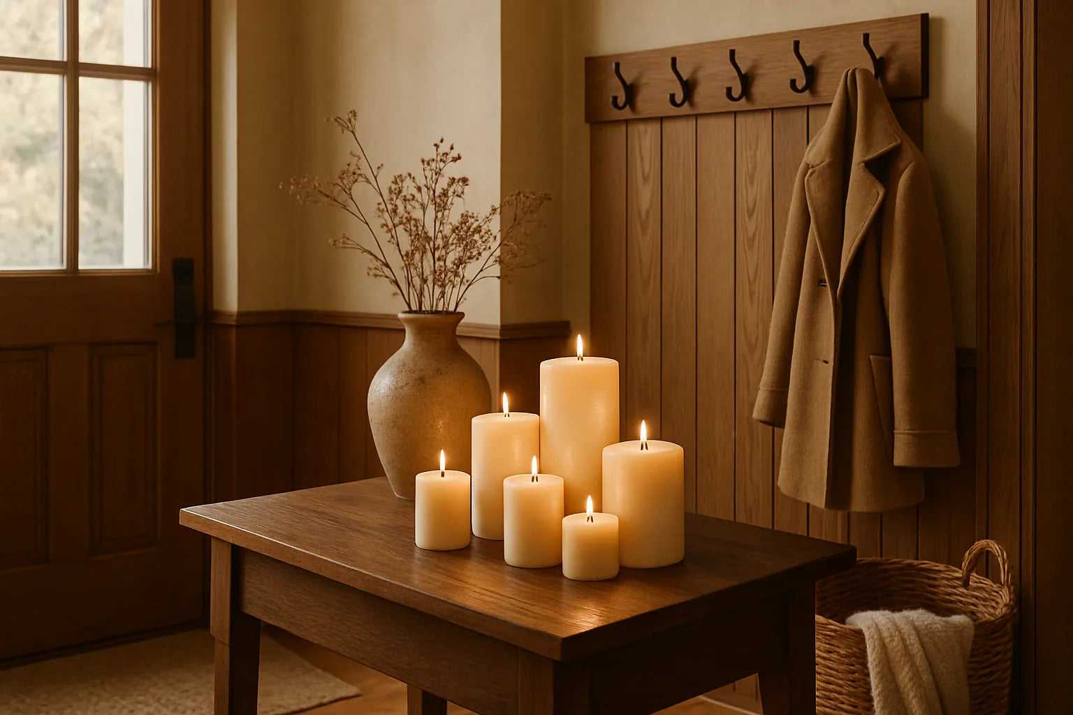 Ingresso di casa elegante con candele naturali e elementi in legno
