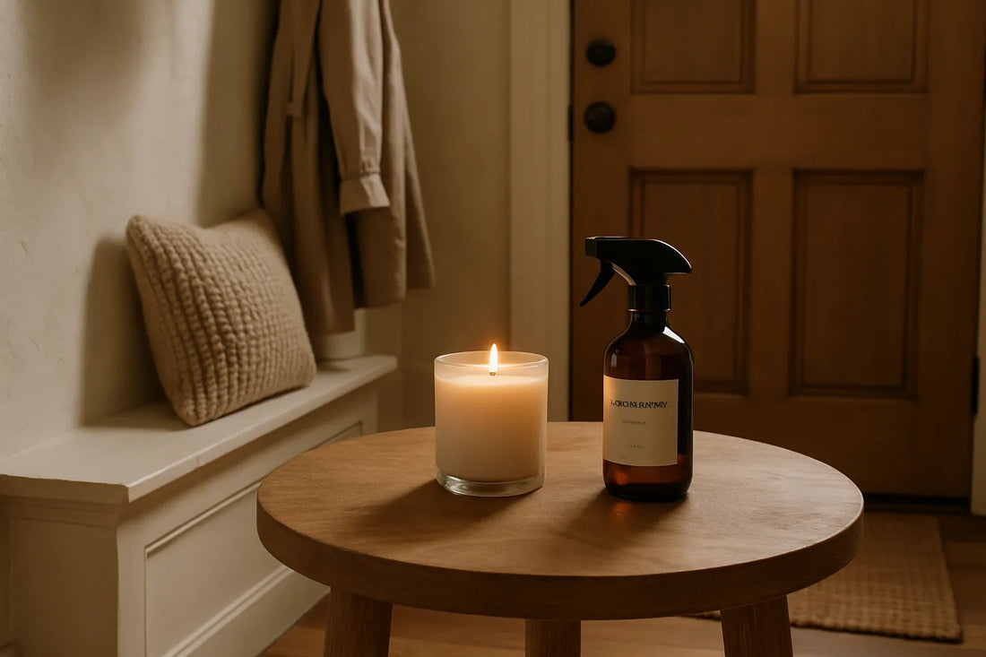 Un ingresso di casa elegante con candele naturali e superfici in legno