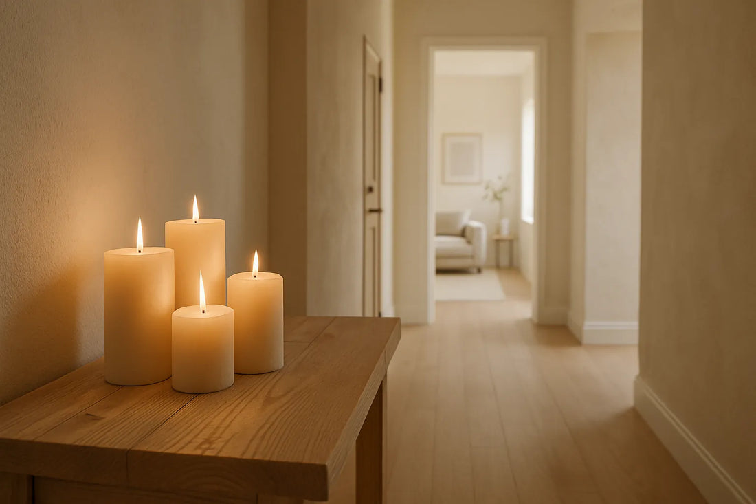 Scena di un ingresso elegante con candele naturali e superfici in legno