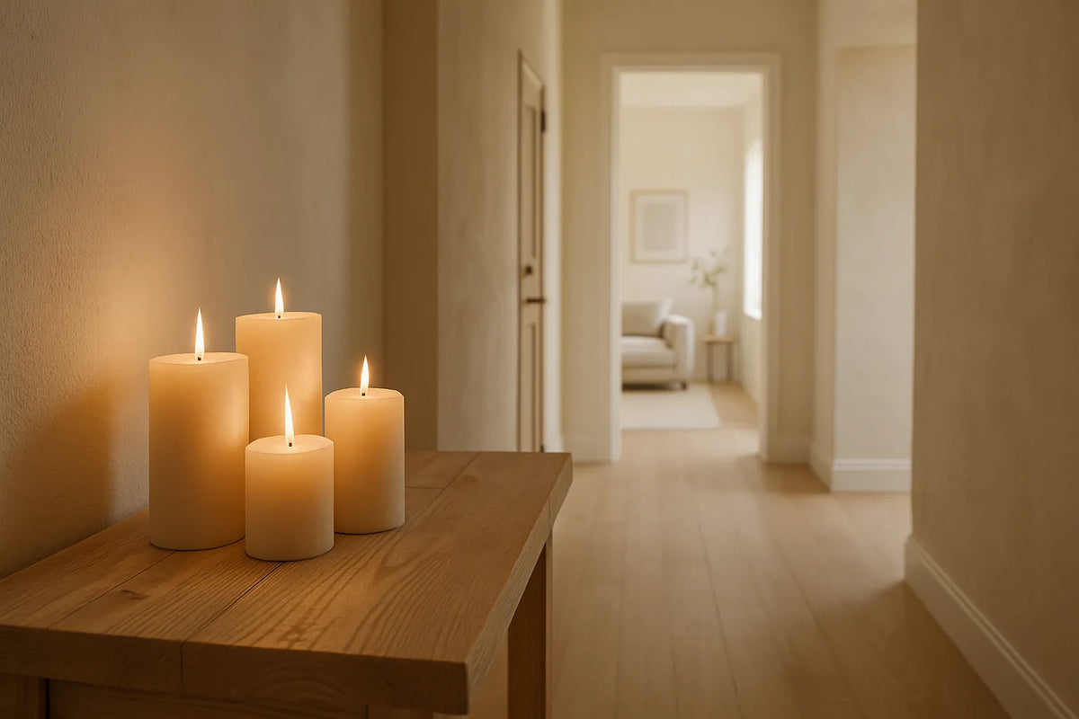 Scena di un ingresso elegante con candele naturali e superfici in legno