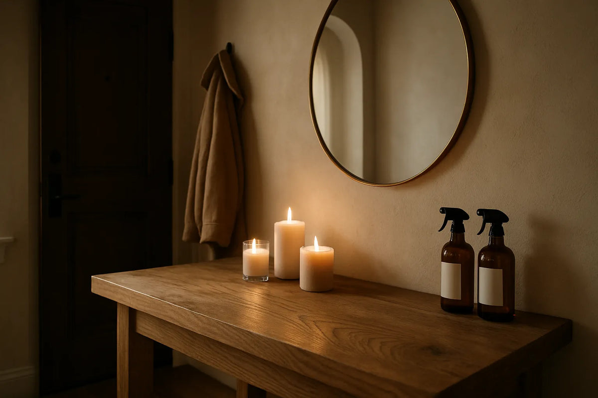 Un ingresso elegante con elementi naturali e profumazioni delicate per un'atmosfera accogliente.
