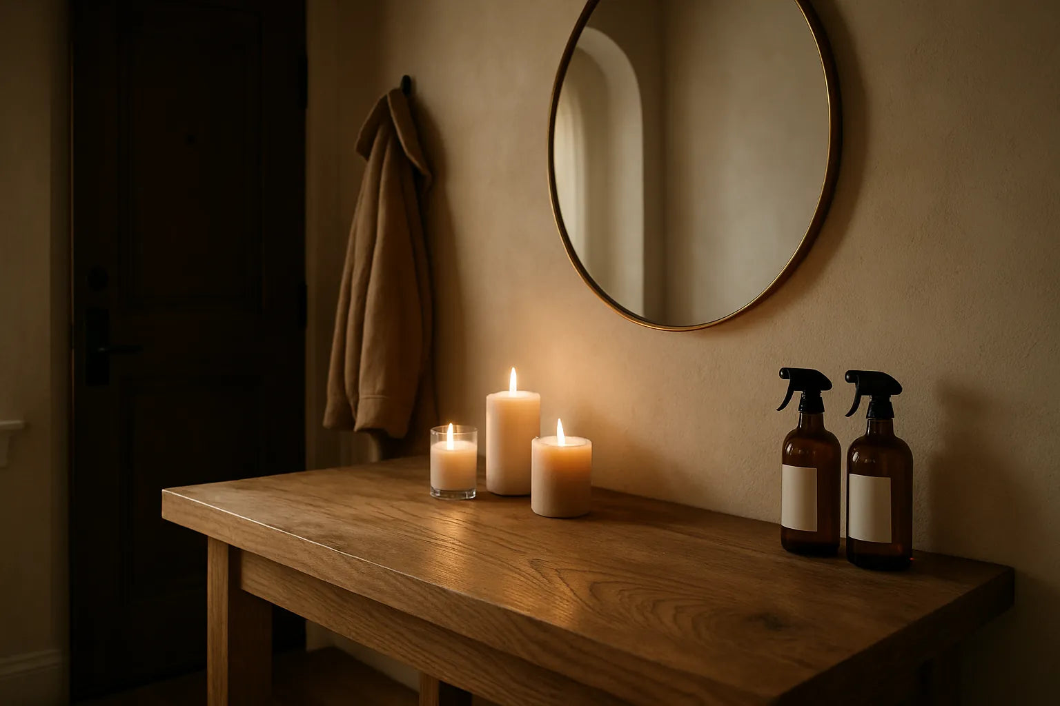 Un ingresso elegante con elementi naturali e profumazioni delicate per un'atmosfera accogliente.
