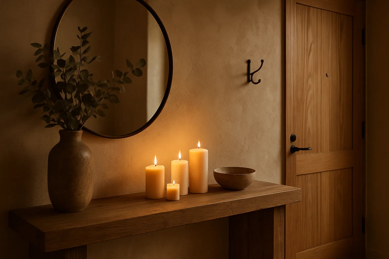 Ingresso elegante con candele naturali e superfici in legno