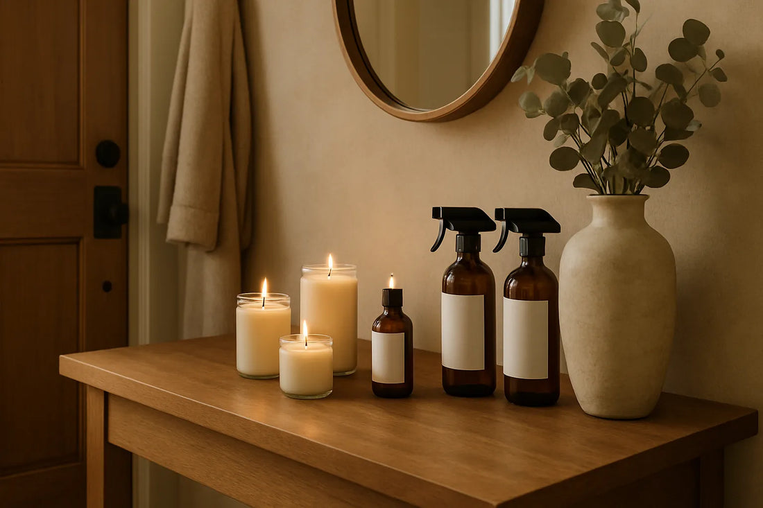 Scena di un ingresso elegante con candele naturali e spray profumati su una superficie in legno