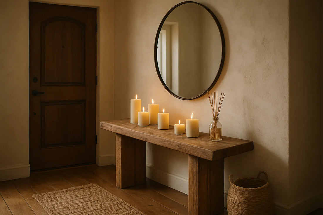 Un ingresso elegante con candele naturali e un diffusore in legno, atmosfera calda e accogliente