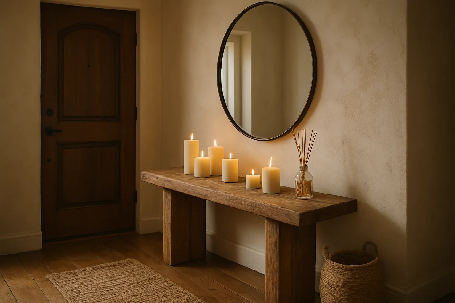 Un ingresso elegante con candele naturali e un diffusore in legno, atmosfera calda e accogliente