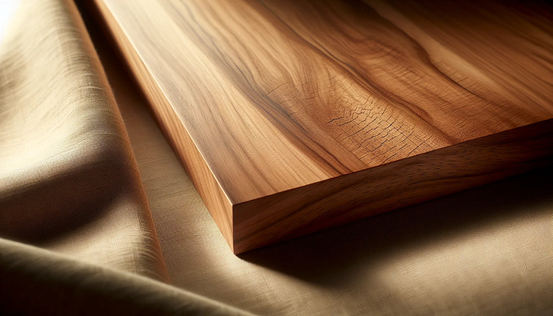 Superficie di teak con venature naturali esaltate da tannini, luce morbida e atmosfera calda
