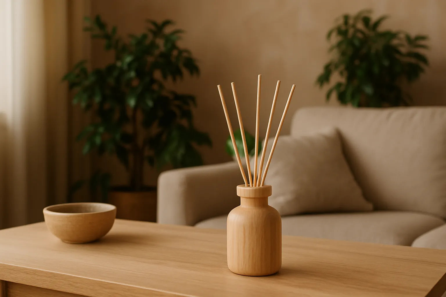 Ambientazione calda e naturale con diffusori a bastoncino in legno e profumi delicati
