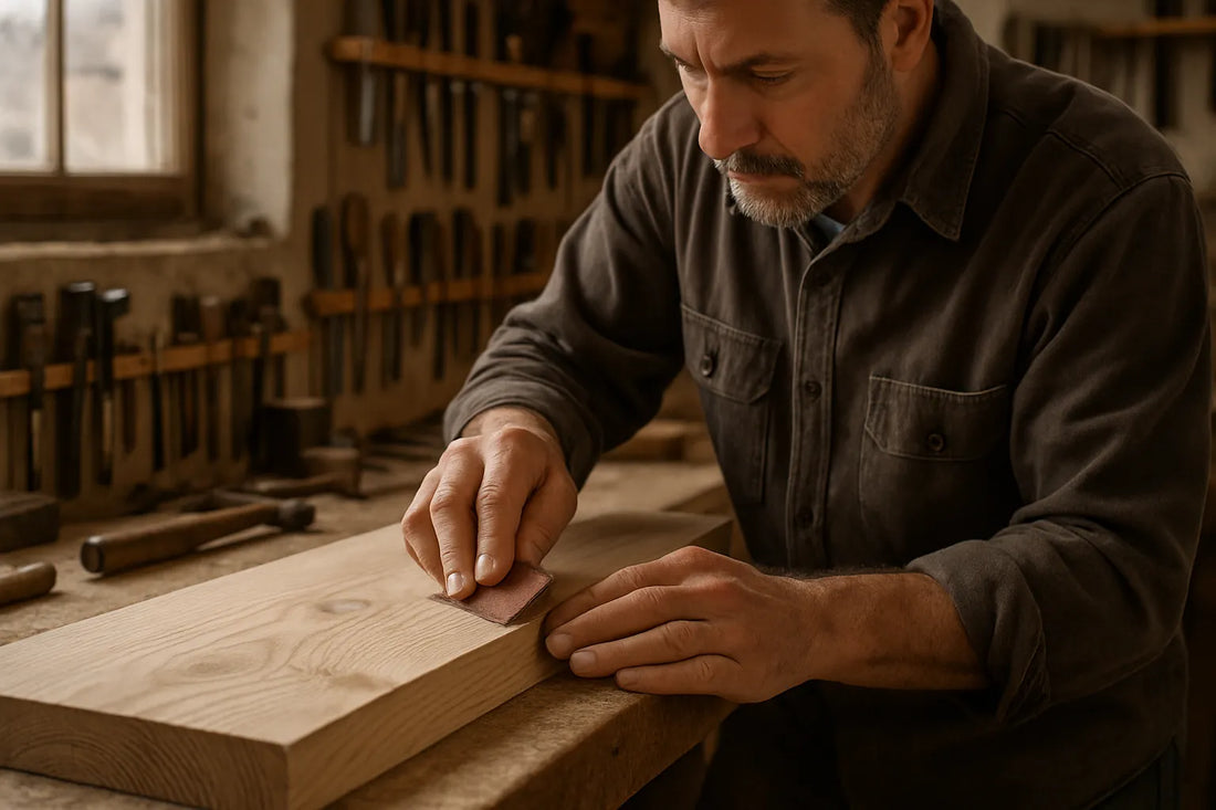 Scena di carteggiatura del legno con focus su texture e venature naturali