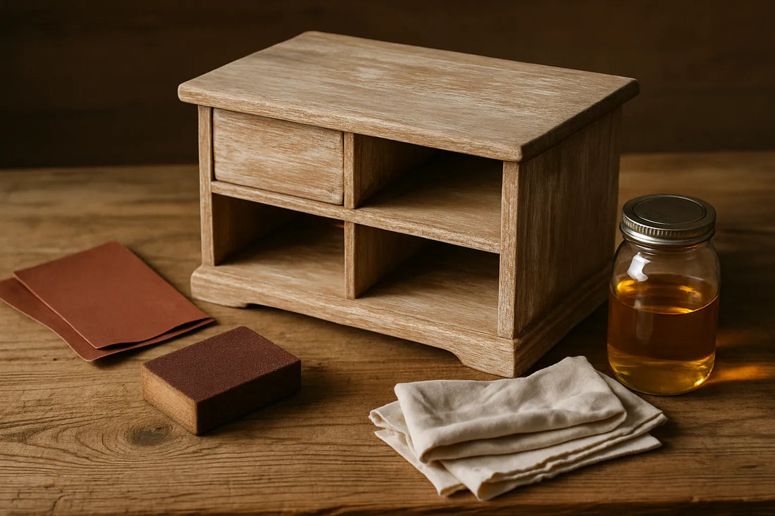 Scena di un mobile in legno sverniciato con finitura naturale, evidenziando texture e venature autentiche.