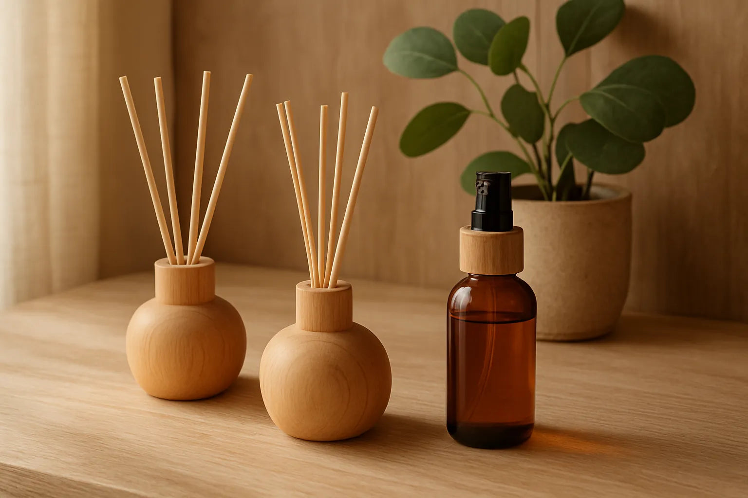 Scena di un ambiente domestico con diffusori naturali e superfici in legno, luce morbida