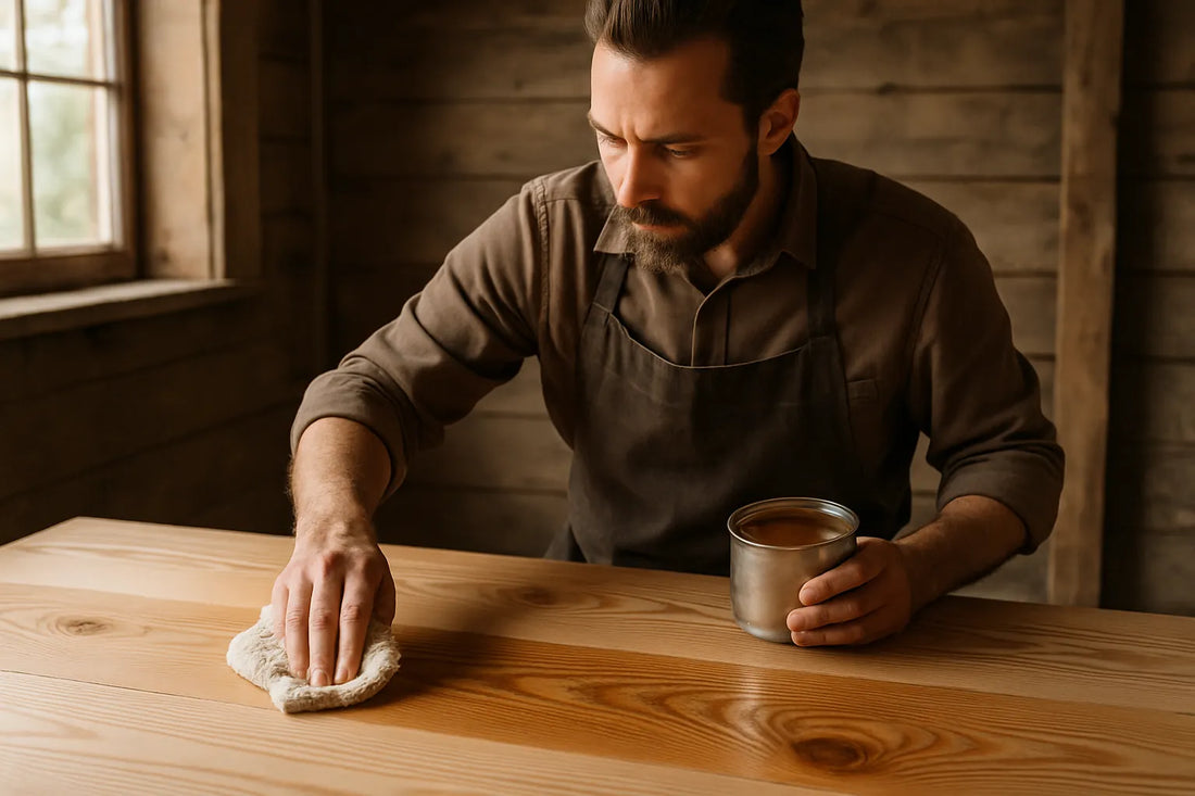 Scena di applicazione di oli e cere su legno di abete e pino, mostrando texture e venature naturali