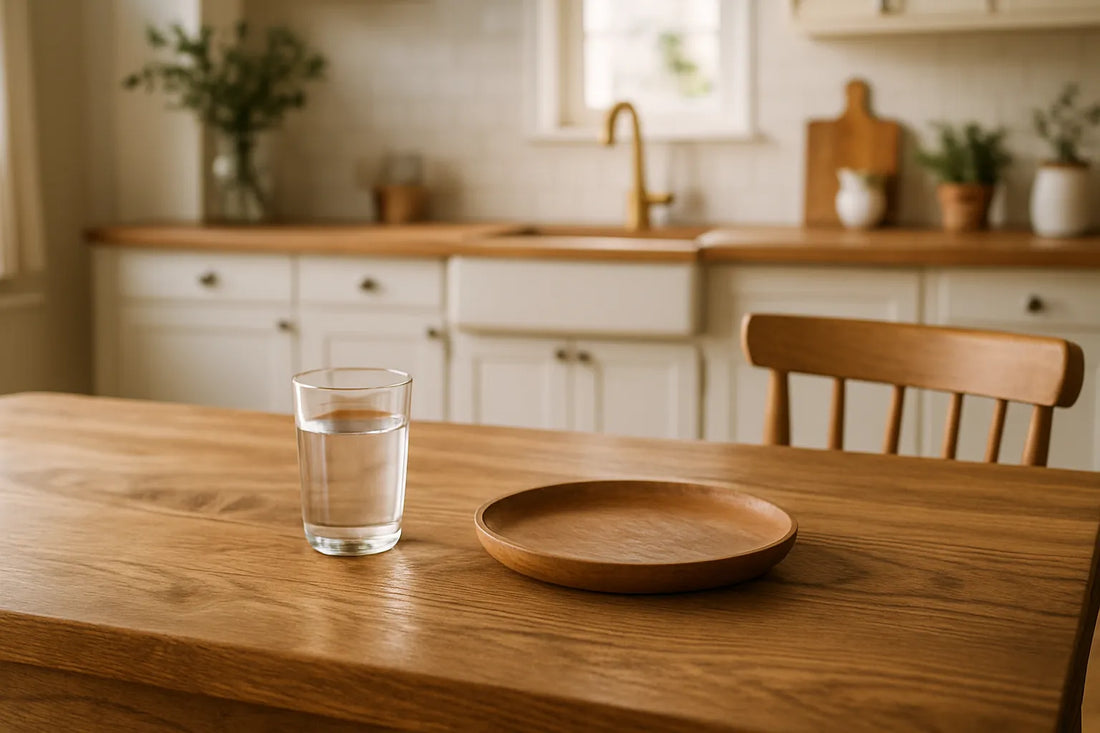 Scena di un tavolo in legno con finitura naturale, luce morbida e texture autentiche