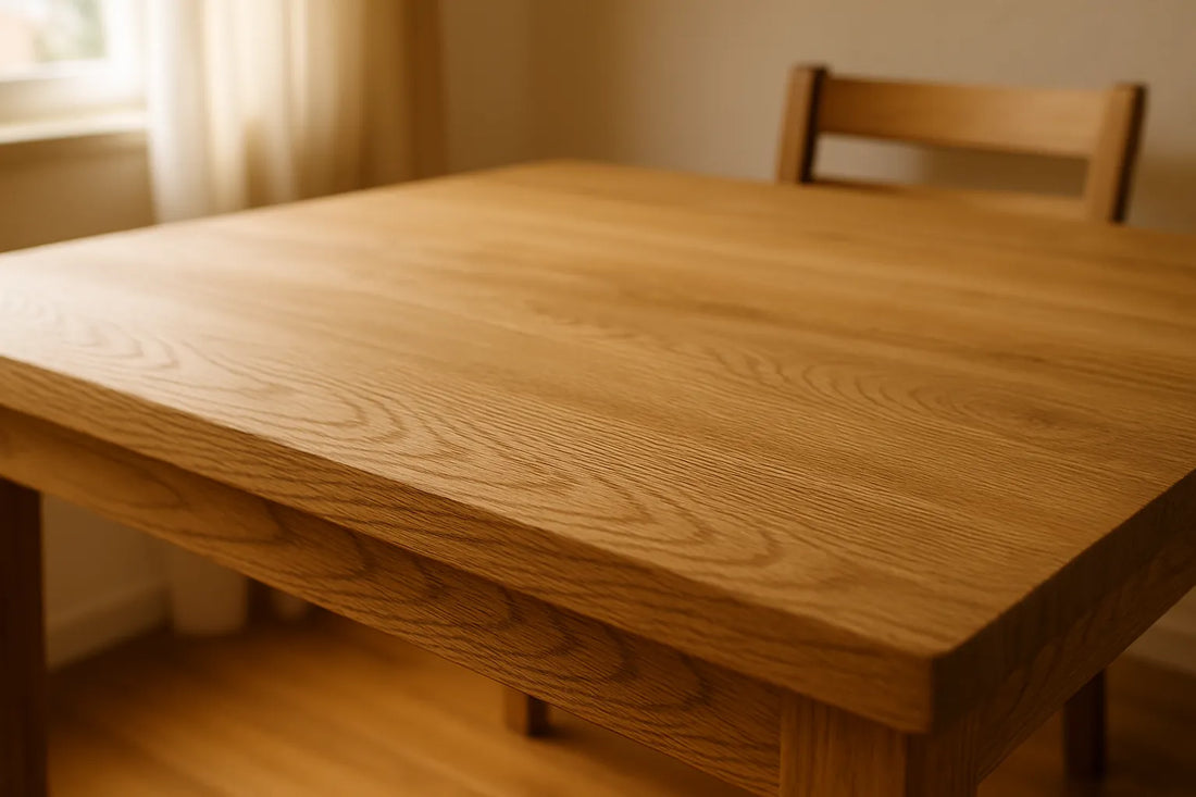 Scena che mostra un tavolo in legno a poro aperto con finitura naturale, evidenziando la texture e le venature del legno