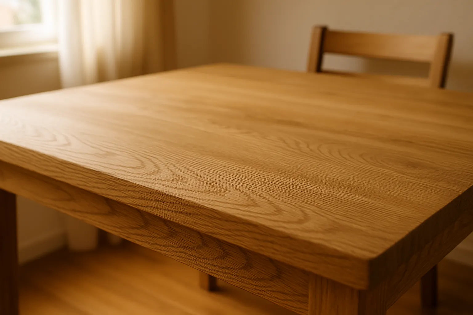 Scena che mostra un tavolo in legno a poro aperto con finitura naturale, evidenziando la texture e le venature del legno