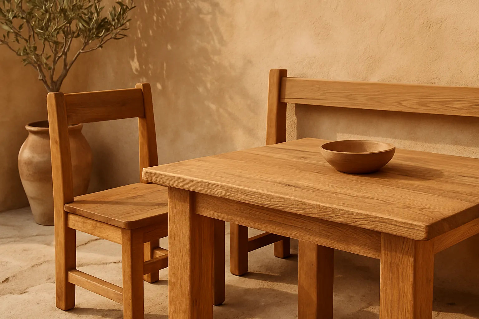 Scena di legno esterno trattato con finiture naturali in un contesto mediterraneo