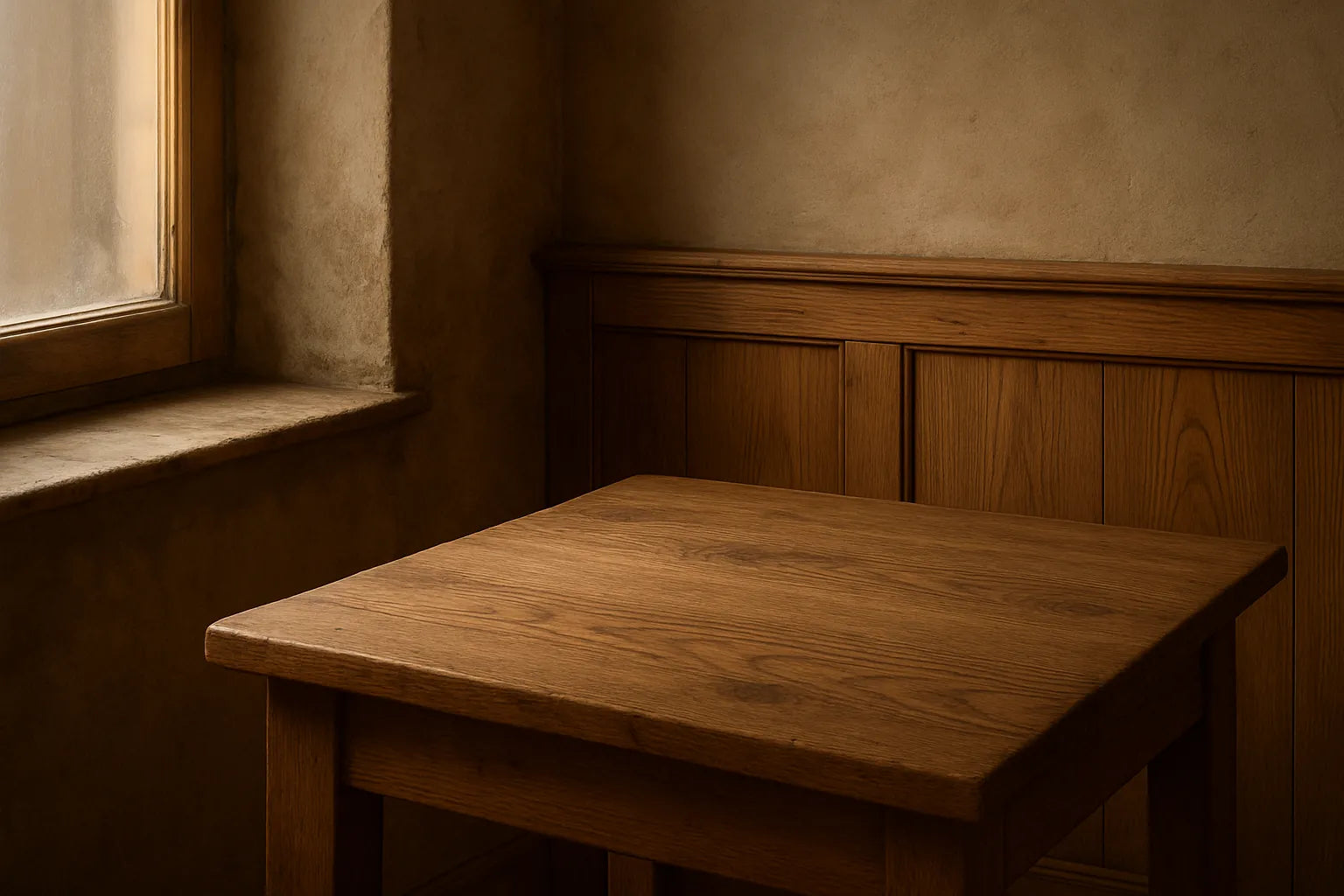 Scena che mostra finiture naturali del legno in un ambiente umido e poco ventilato, con focus su texture e venature del legno.