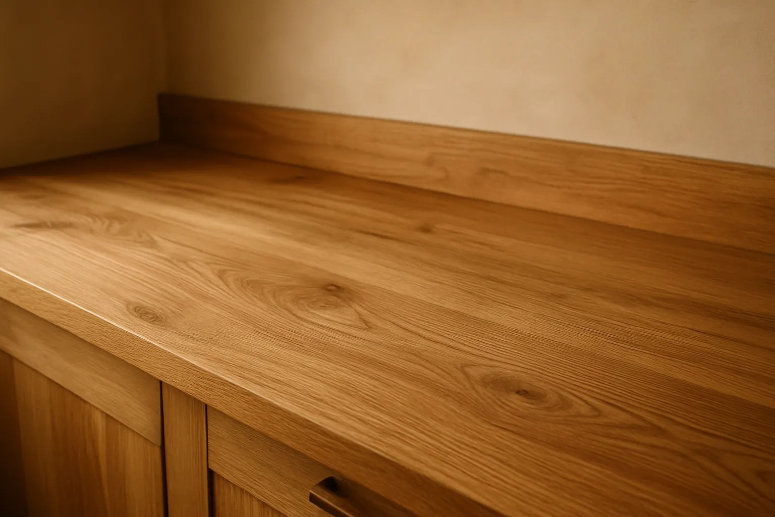 Superficie in legno con finitura naturale, evidenziando texture e venature, adatta al contatto alimentare