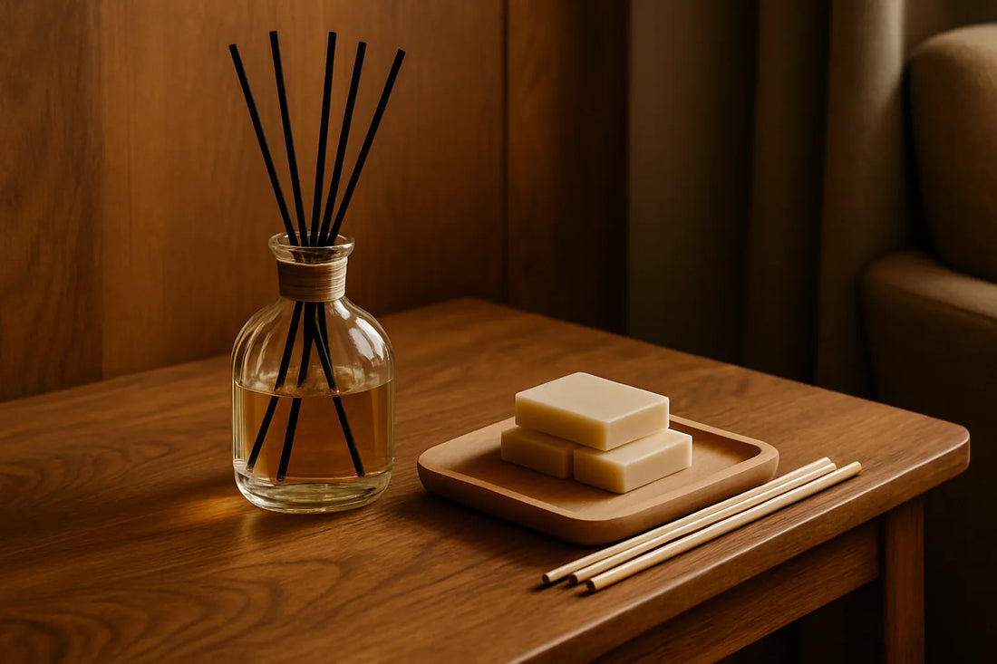 Ambientazione domestica con diffusori naturali e barrette profumate su superfici in legno, creando un'atmosfera accogliente e armoniosa.