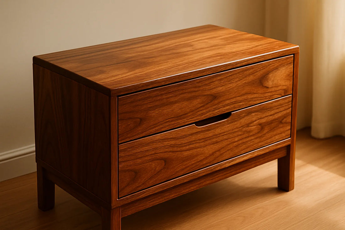Mobili in legno con finitura lucida e naturale, evidenziando texture e venature del legno