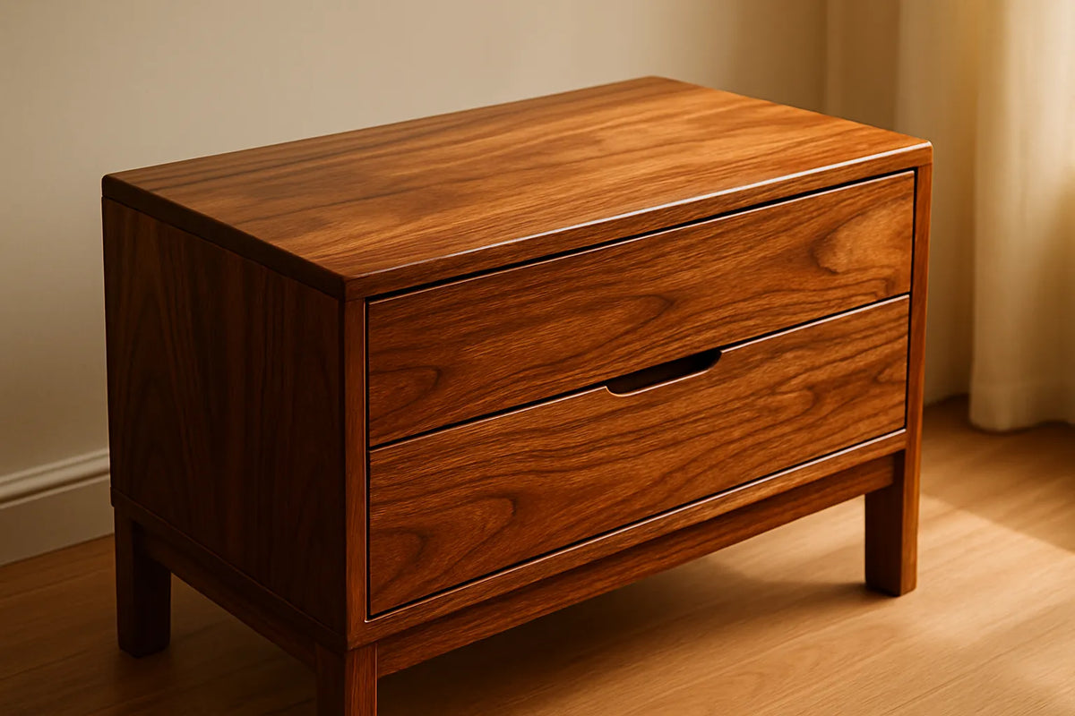 Mobili in legno con finitura lucida e naturale, evidenziando texture e venature del legno