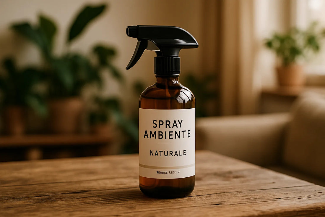 Spray ambiente naturale su un tavolo in legno con piante verdi sullo sfondo