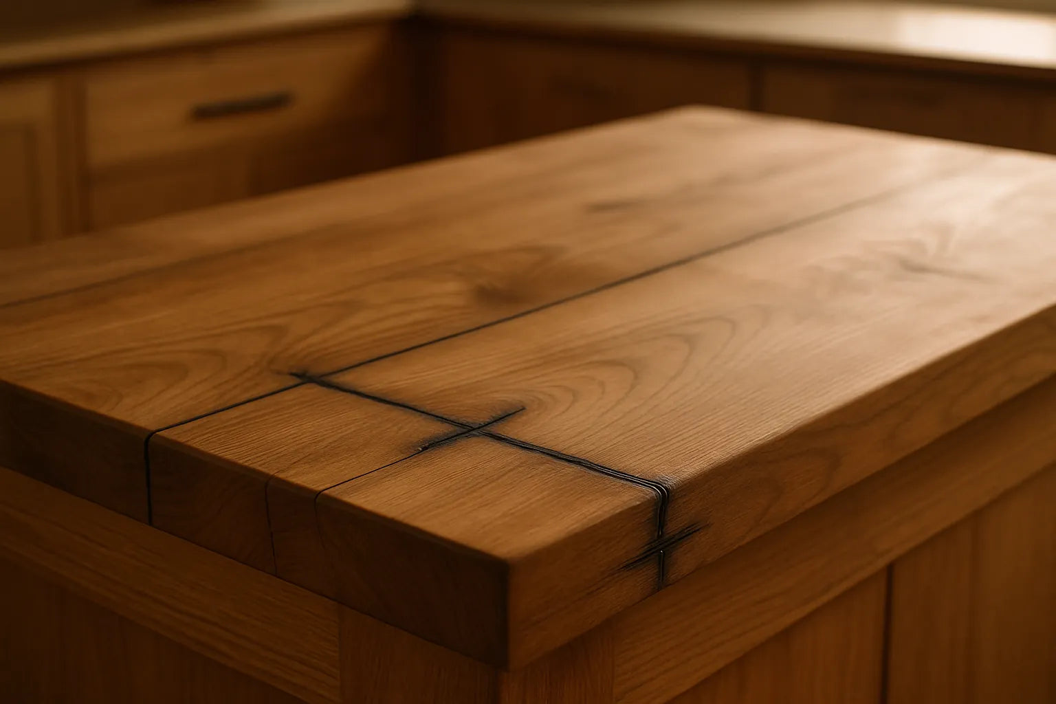 Giunti di legno anneriti su un piano cucina, evidenziando texture e venature del legno.