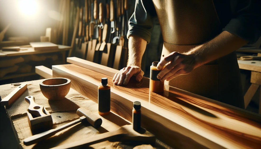Scena di lavoro artigianale con gommalacca su legno, mostrando texture e venature naturali