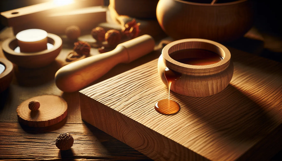 Scena di applicazione della gommalacca su una superficie di rovere, evidenziando venature e texture del legno in un ambiente naturale e caldo.