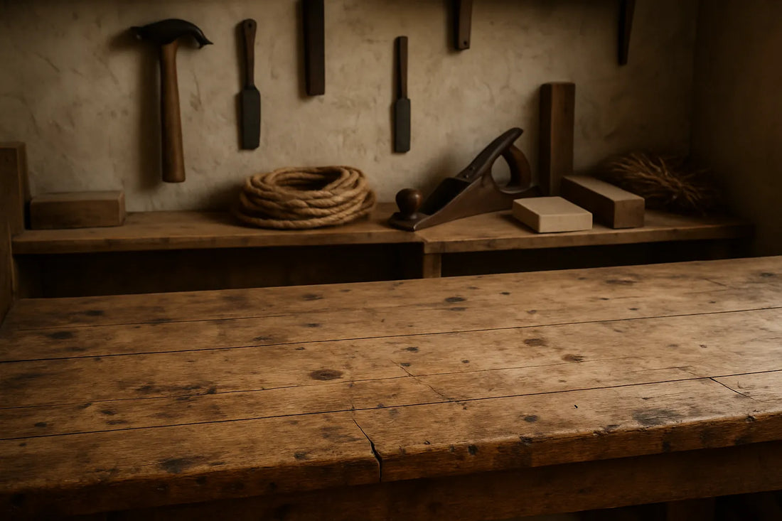 Scena di legno massello con difetti visibili come macchie e graffi, in un laboratorio artigiano.