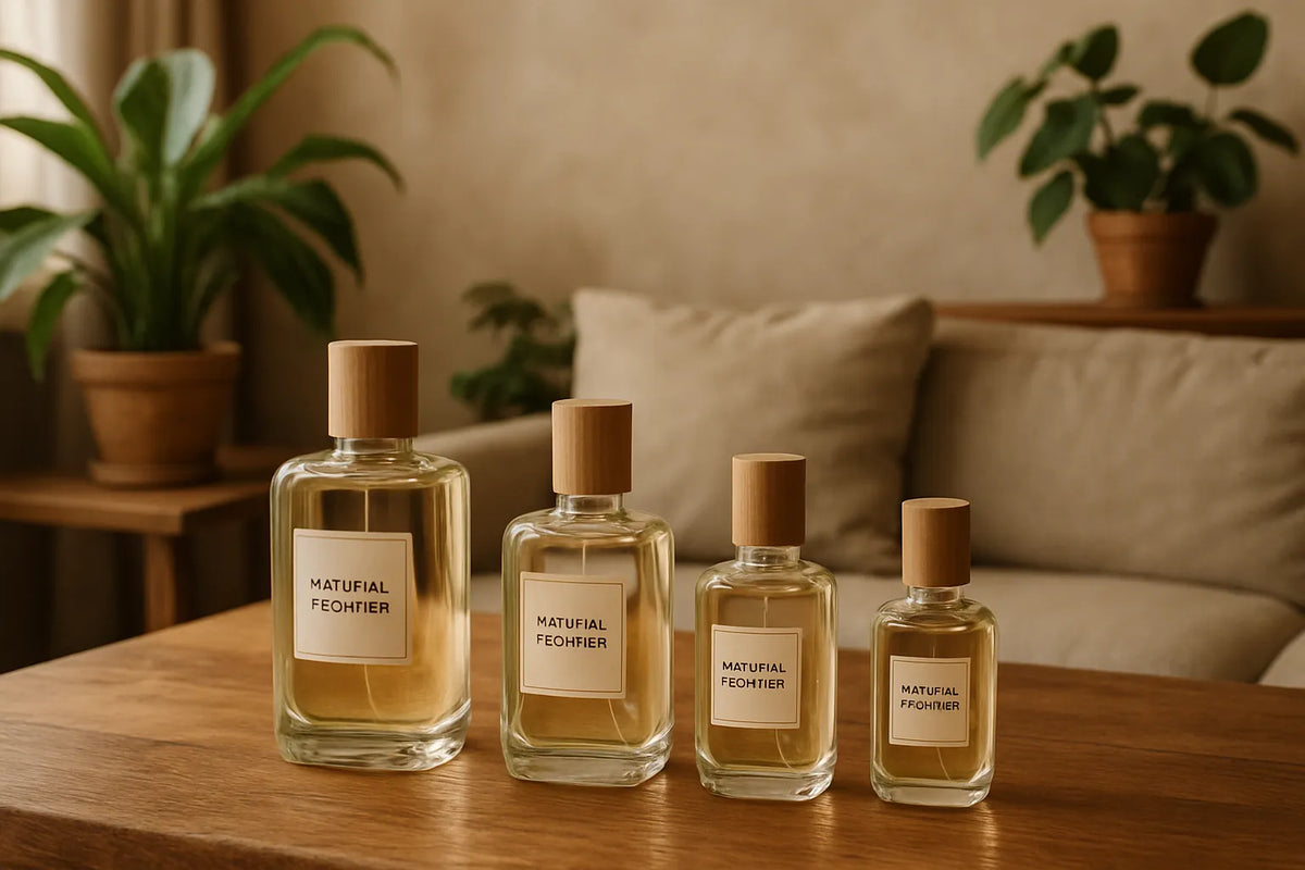 Scena evocativa di fragranze naturali in un ambiente domestico con legno e texture naturali