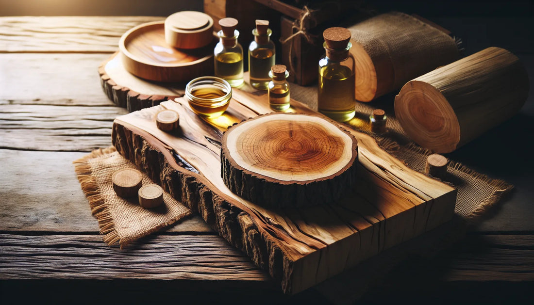 Scena di legno naturale con texture e venature, rappresentante la cura del legno attraverso materiali naturali.