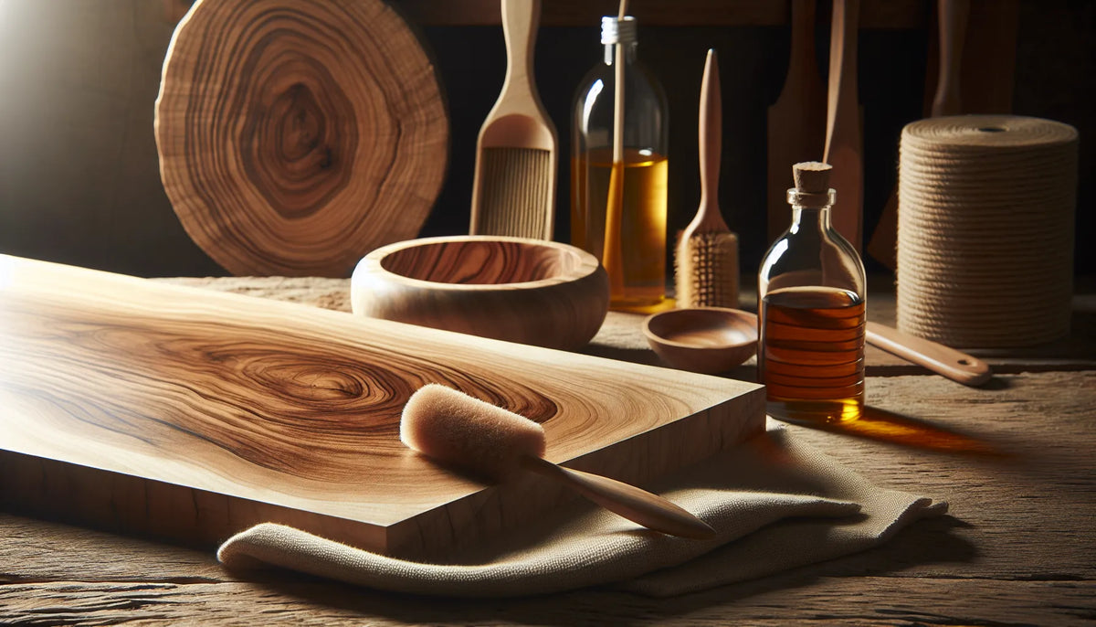 Scena di legno naturale con texture e venature, rappresentante la cura del legno con materiali ecologici.
