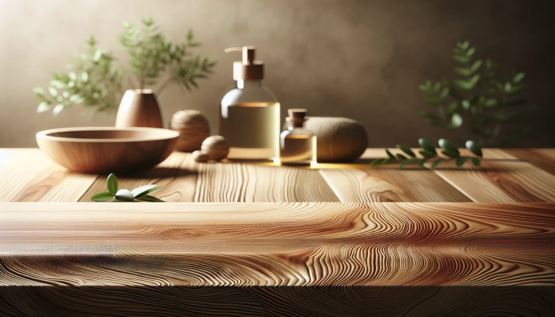 Scena di legno naturale con texture e venature, rappresentante la cura e manutenzione del legno