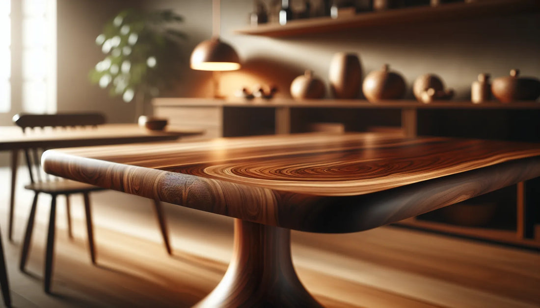 Scena di legno di noce con venature evidenti e texture naturali, illuminata da luce morbida