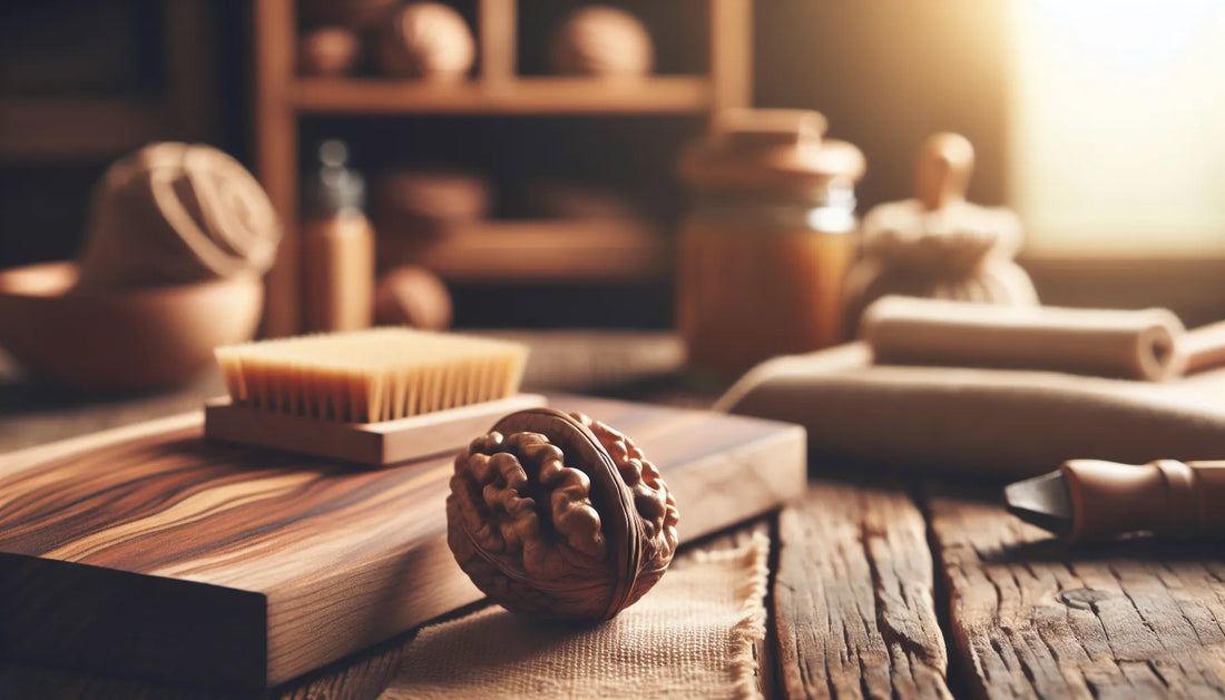 Scena di legno di noce con texture e venature, illuminato da luce morbida, rappresenta la cura naturale del legno.