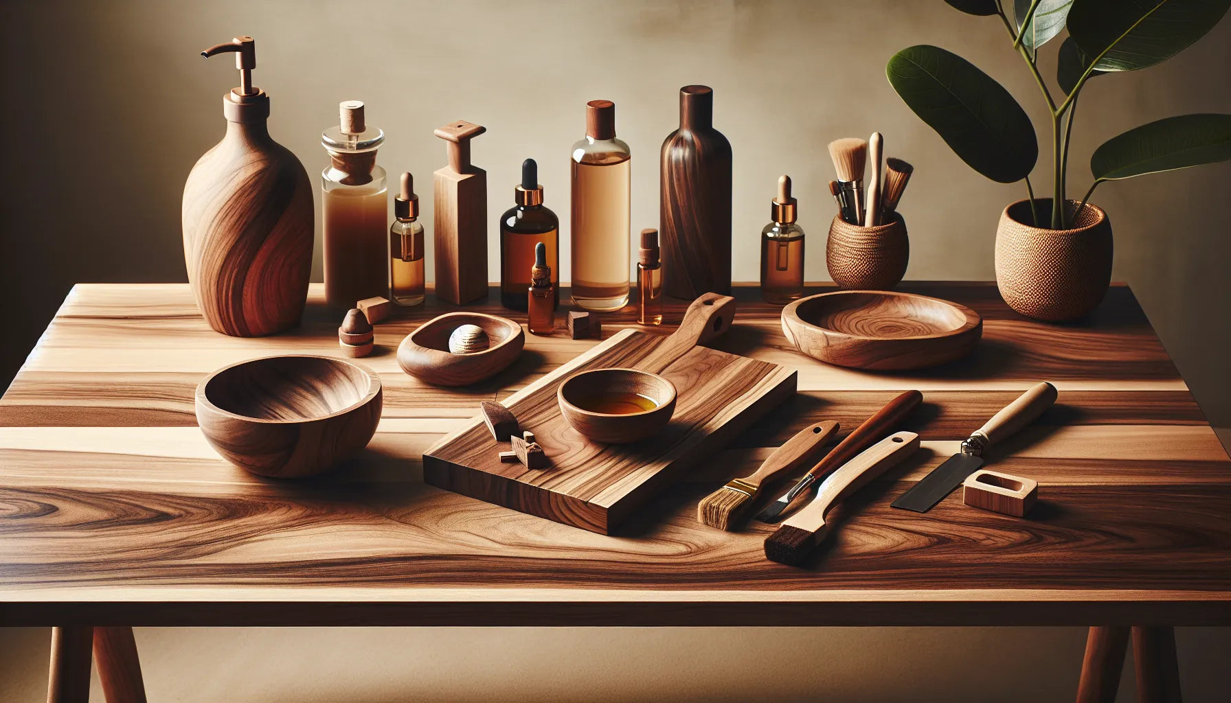 Scena di legno di noce con texture e venature, rappresentante la cura e manutenzione naturale del legno